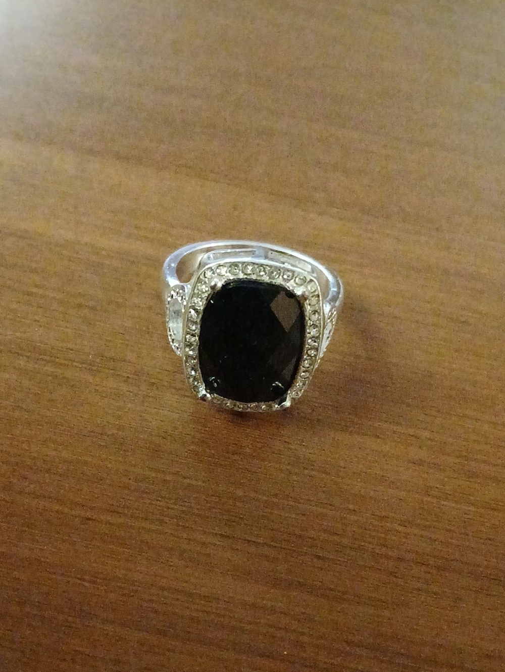 Silver Tone Ring with Black Center Stone and Pavé Accents Size 10